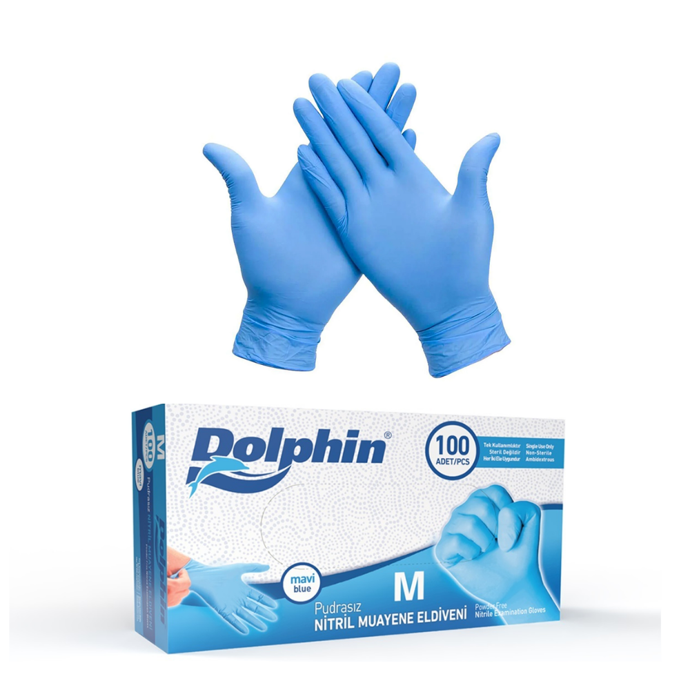 Dolphin Pudrasız Mavi Nitril Muayene Eldiveni M Beden 100 Adet